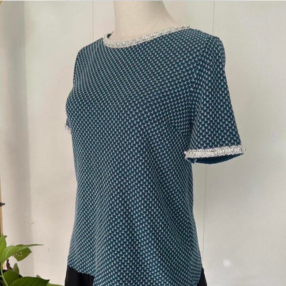 Vintage Elle Women Turquoise Blue Silver Polka Dot Pearl Lace Trim Knit Top S